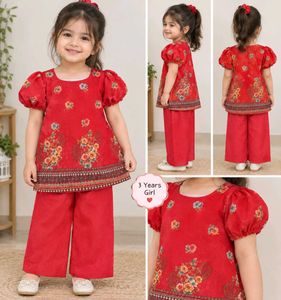 Kids Red Ethnic Floral Kurti Set