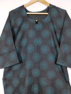 Black With Green Printed Round Neck Kurti (Women)