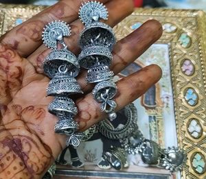 oxidised silver jhumka set 6 pairs 🦚