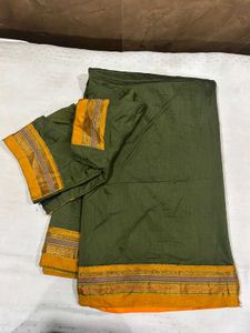 🌿 Elegant Green Cotton Silk Saree with Blouse🌿