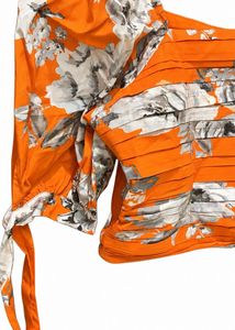 Orange Floral Ruched Puff Sleeve Crop Top