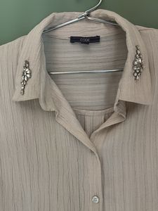 Elegant Beige Embellished Collar Top