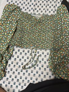 Green Floral Smocked Crop Top