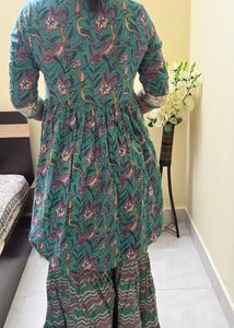 Green Block Print Kurta with Sharara Pants