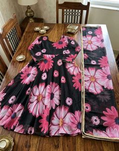 anarkali suit with dupatta , black and pink colour