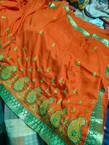 Beautiful Orange Embroidered Saree