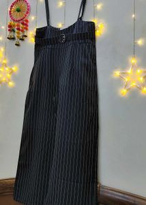 Pinstripe Wide-Leg Pants with Suspenders