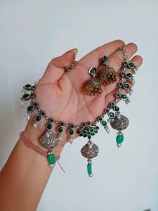 Brass Green Stone Necklace & Earring Set
