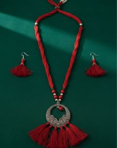 Red Tassel Necklace &amp; Earring Set