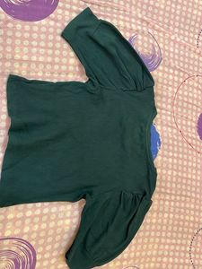 Green Ribbed Puff Sleeve Top
