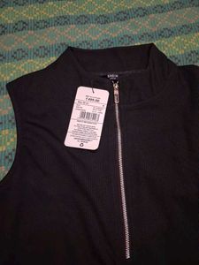 Branded zipper ribbed leotard top
