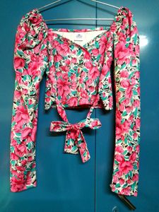 Chic Multicolor Floral Puff Sleeve Crop Top Women