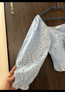 Blue Eyelet Cropped Top