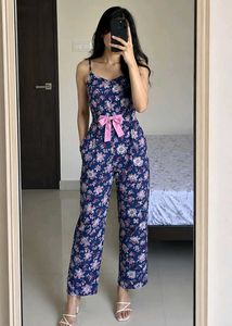 Floral Jumpsuit with Pink Bow