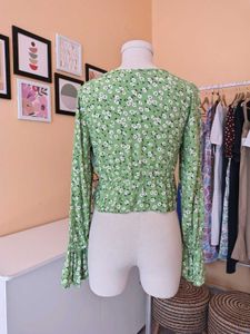 Green Floral Tie-Front Blouse
