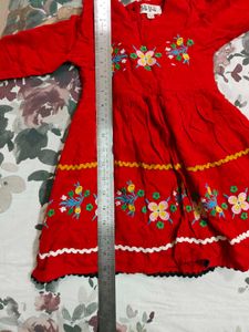 Red Cotton Frock With Embroidery