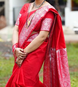 Elegant Red Silk Saree with Silver Border