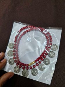 Boho Red Beaded Necklace with Coin Charms