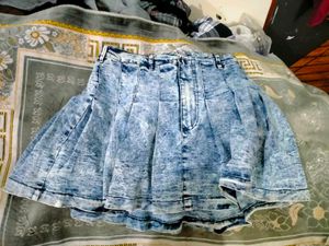 Acid Wash Denim Pleated Skirt