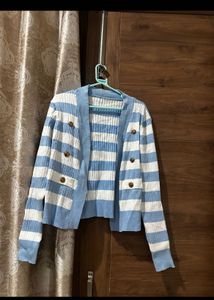 Blue and White Striped Knit Cardigan