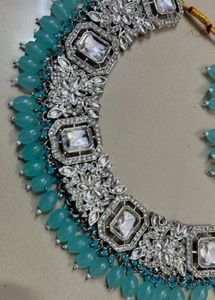 Teal Beaded Silver Necklace &amp; Earring Set
