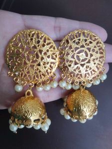 Gold Tone Jhumka Earrings with Pearl Detailing