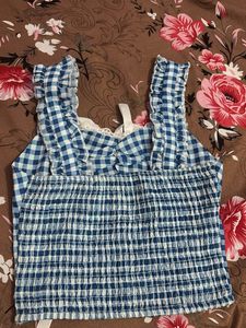 Blue Gingham Crop Top with Ribbon Tie