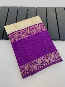 Elegant Cream &amp; Purple Silk Saree