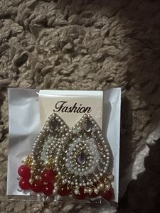 Elegant Dangle Earrings with Pearls & Red Beads