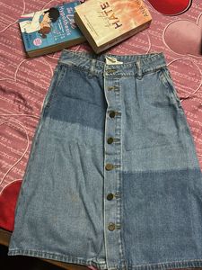 Vintage Two-Tone Denim Midi Skirt