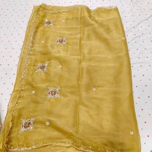 Elegant Golden Saree with Floral Embroidery