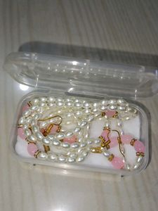 Elegant Pearl &amp; Pink Bead Necklace Set