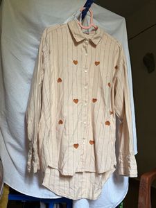 Cute Heart Striped Button-Up Oversized Fit Shirt