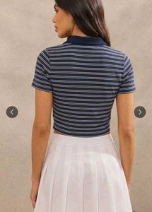 Women's Navy Blue Striped Ribbed Polo Crop Top