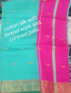 Turquoise Cotton Silk Saree with Pink Pallu