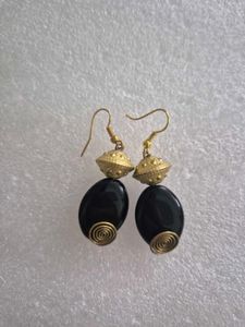 Unique Black Stone & Gold Earrings - Unused