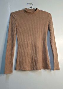 Classic Beige Mock-Neck Ribbed Long-Sleeve Top