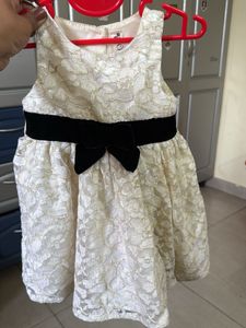 partywear Cream Lace Dress with Black Bow