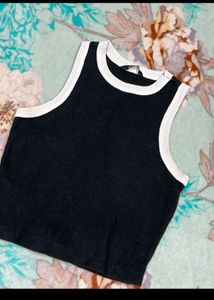 Black Ribbed Tank Top with White Trim