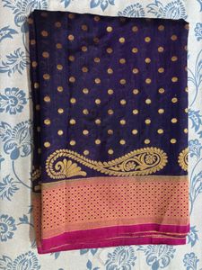 Elegant Navy Blue Saree with Gold Polka Dots