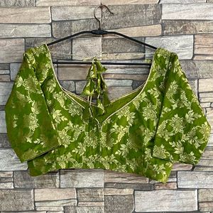 Green Brocade Blouse with Golden Floral Print