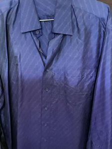 Men's Pure Silk Blue Textured Button-Up Shirt