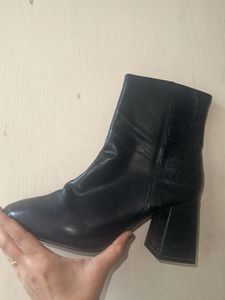 Black Faux Leather Block Heel Boots