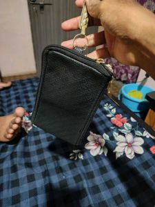 Black Textured Zipper Pouch with Keychain
