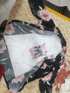 Cute Graphic Tee &amp; Floral Kimono Set