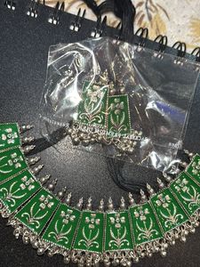 Green Enamel Choker Necklace &amp; Earrings Set