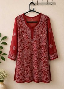 Red Chikankari Short Kurta