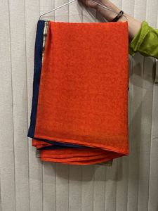 Vibrant Orange &amp; Navy Blue Saree
