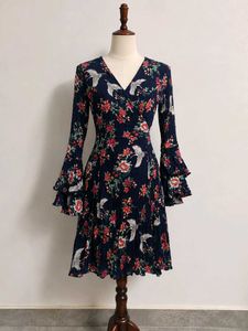 Navy Floral Print Flared Sleeve Dress