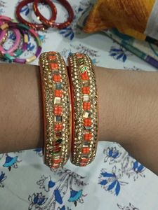 Exquisite Orange & Gold Embellished Bangles